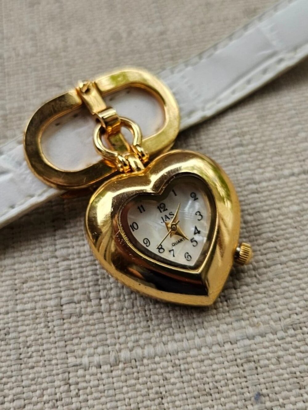 Vintage JAS Quartz Wristwatch White Leather Strap Gold Tone Case Ladies Watch - Picture 6 of 12